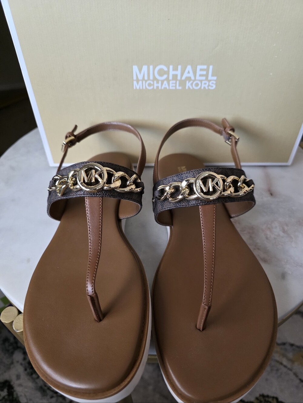 Michael Kors Brown Logo-Print Thong Sandals with Gold MK Accent - Picture 2 of 10